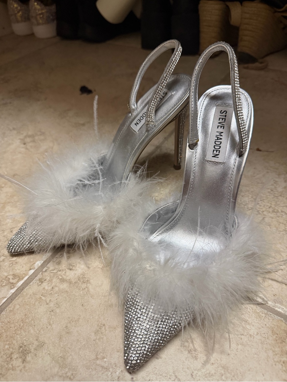 Steve Madden Silver Rhinestone Pointed Slingback Heels with Feather NEVER WORN